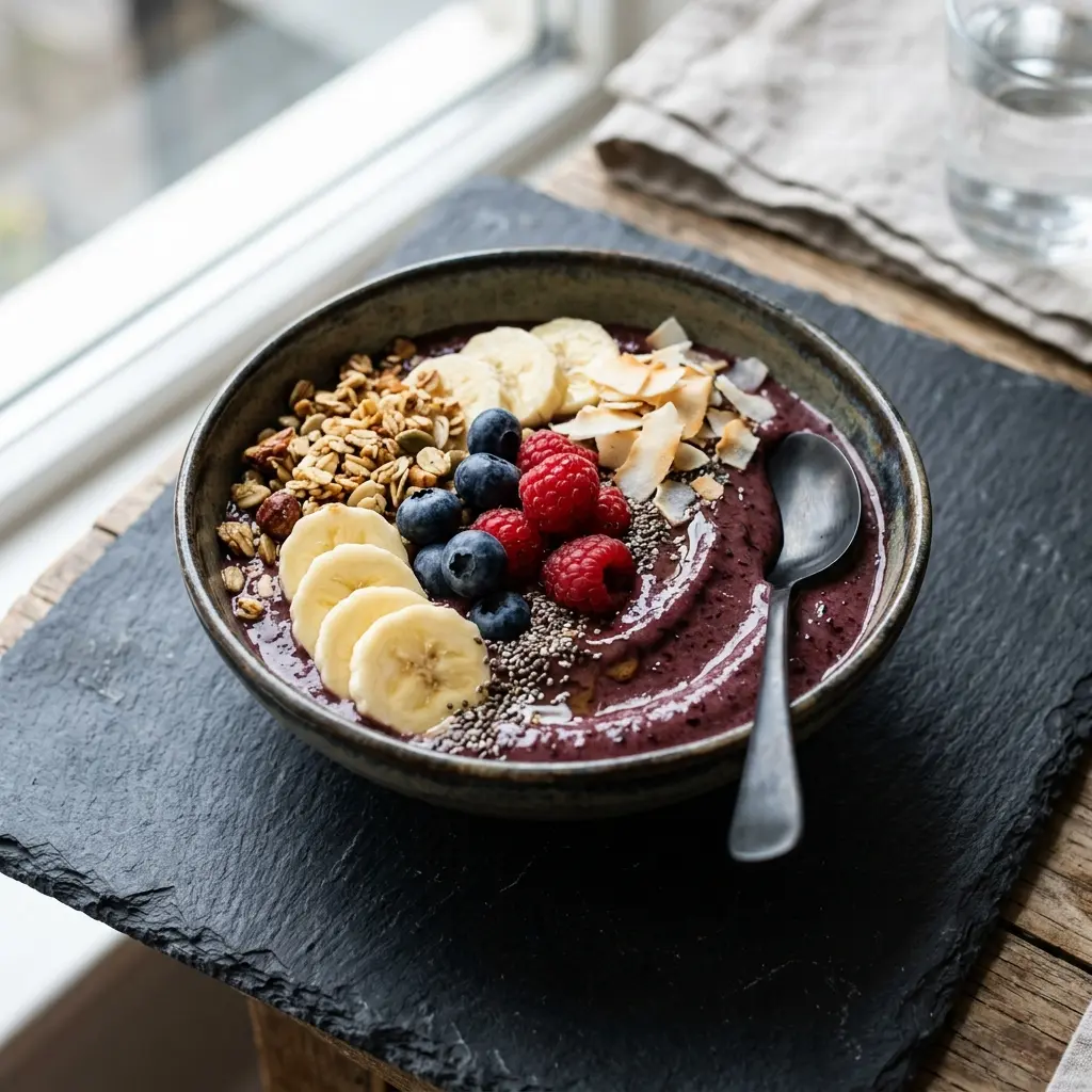 Nylaget açaí bowl servert på en appetittlig og hjemmelaget måte