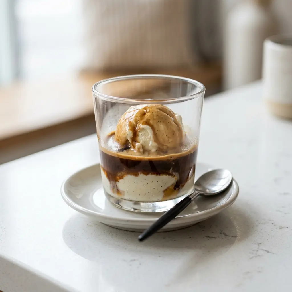 Nylaget affogato servert på en appetittlig og hjemmelaget måte