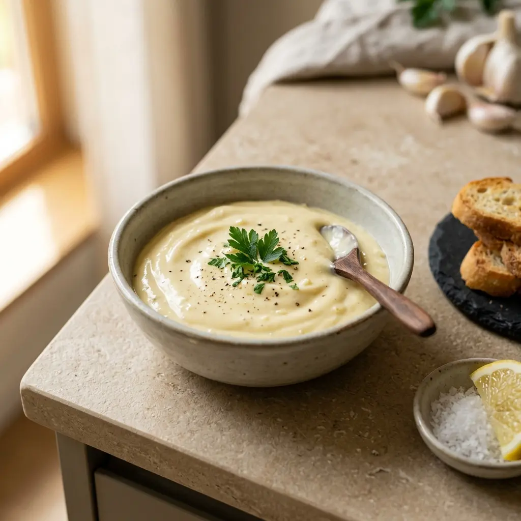 En skål med aioli klar til servering som smakfullt tilbehør