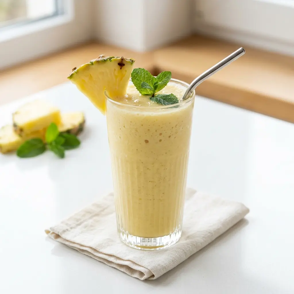 Et glass ananassmoothie servert kaldt og friskt med enkel pynt