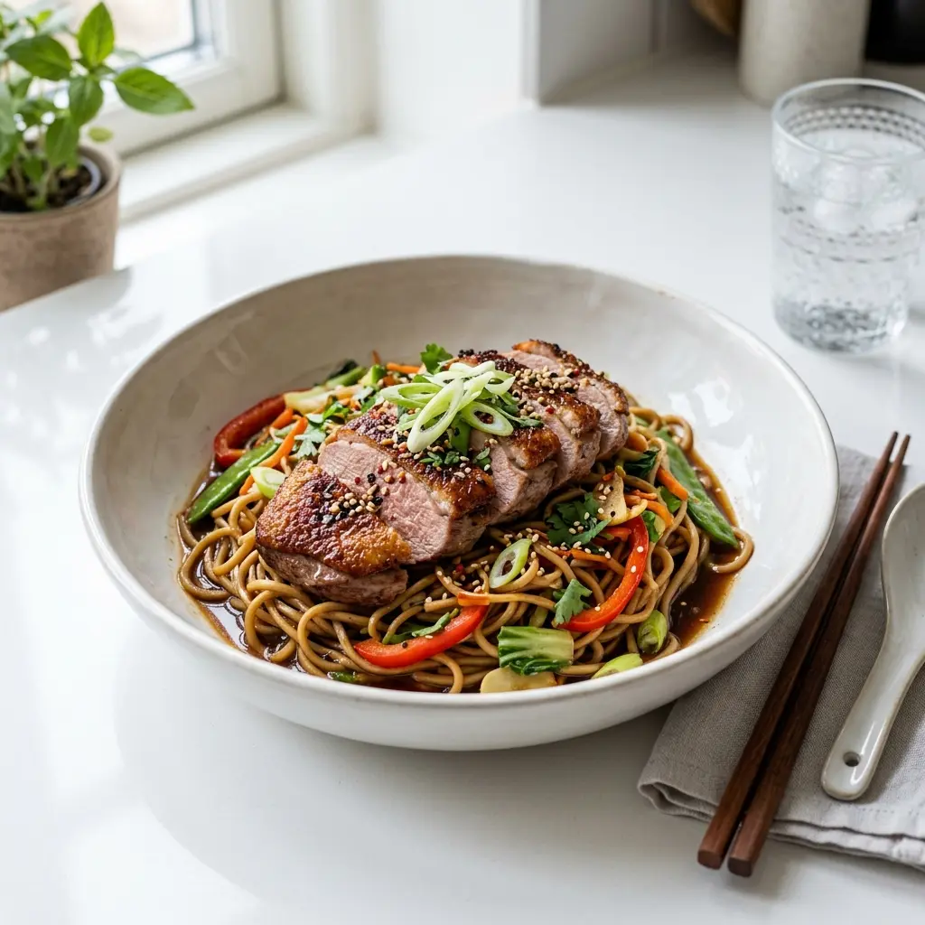 Nylaget and med nudler servert på en appetittlig og hjemmelaget måte
