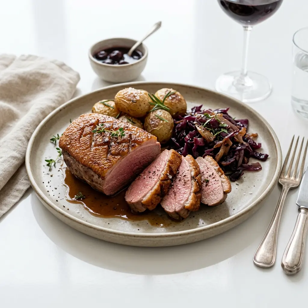 Nylaget andebryst i ovn servert på en appetittlig og hjemmelaget måte