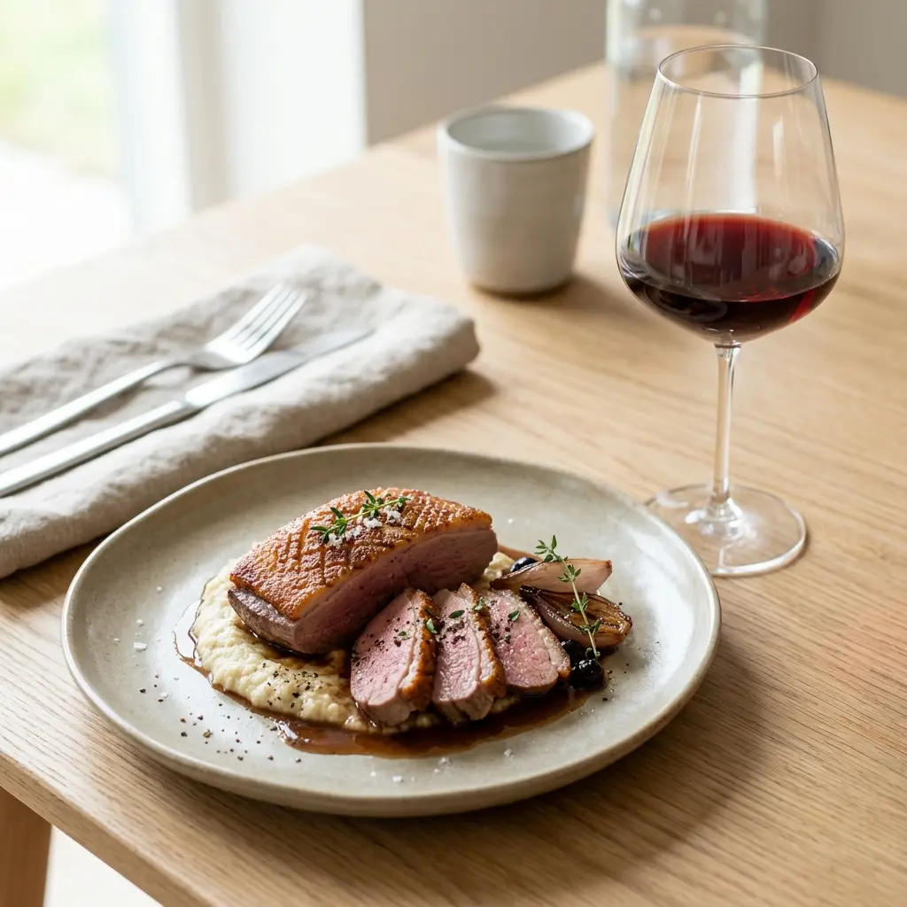 Nylaget andebryst i stekepanne servert på en appetittlig og hjemmelaget måte