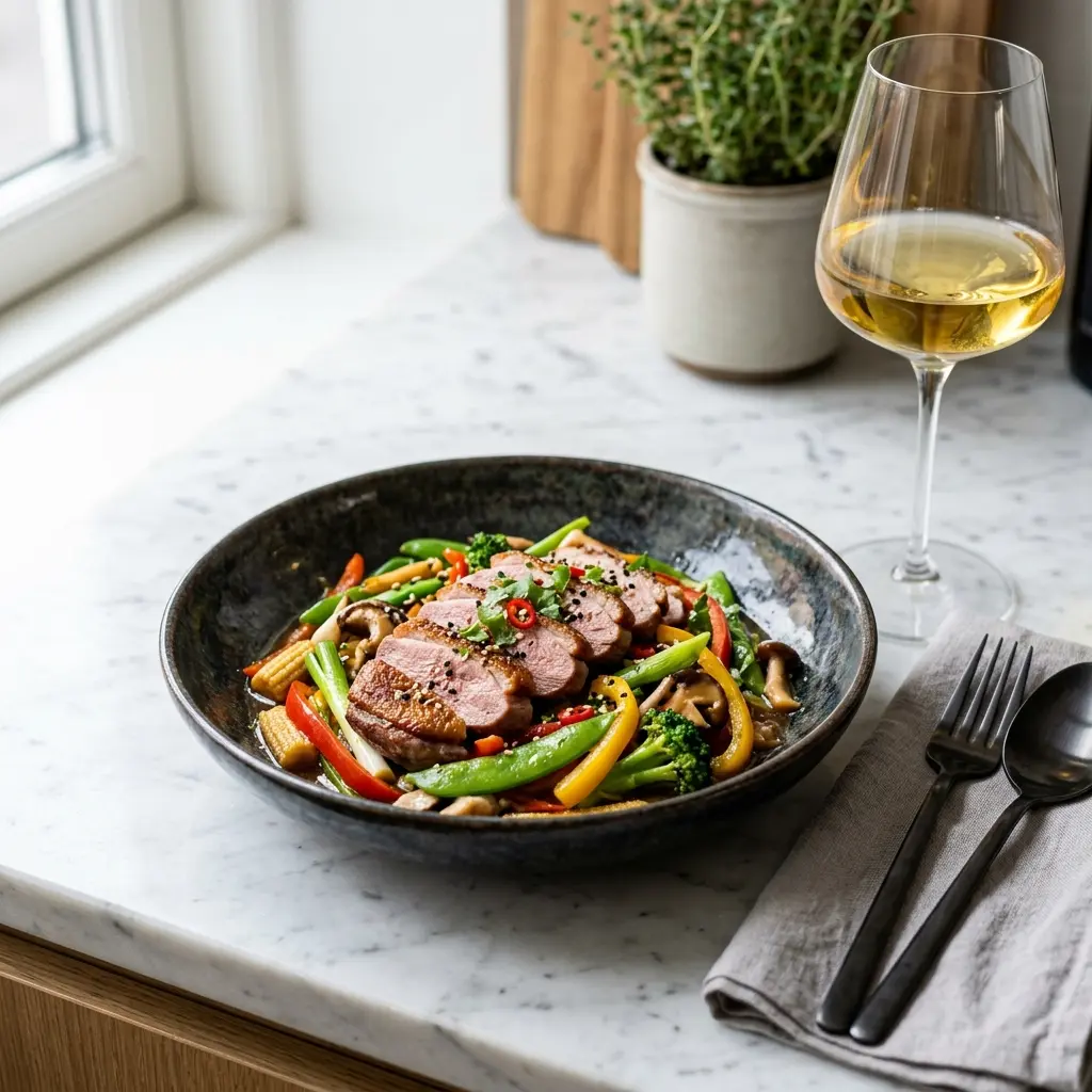 Nylaget andebryst i wok servert på en appetittlig og hjemmelaget måte