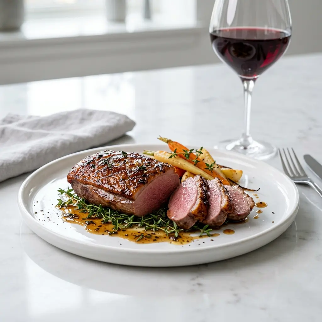 Nylaget andebryst med honning og timian servert på en appetittlig og hjemmelaget måte