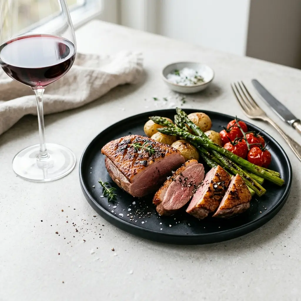 Nylaget andebryst på grill servert på en appetittlig og hjemmelaget måte