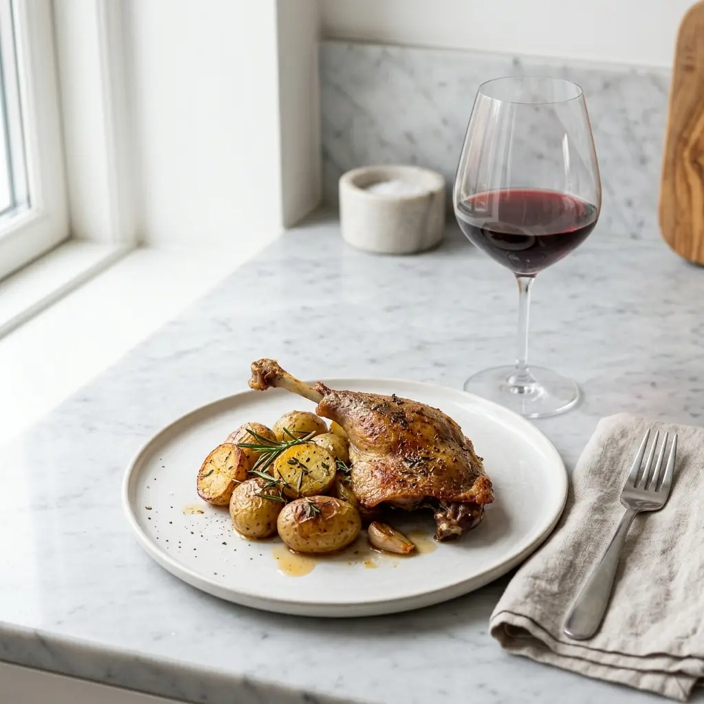 Nylaget andelår med poteter servert på en appetittlig og hjemmelaget måte