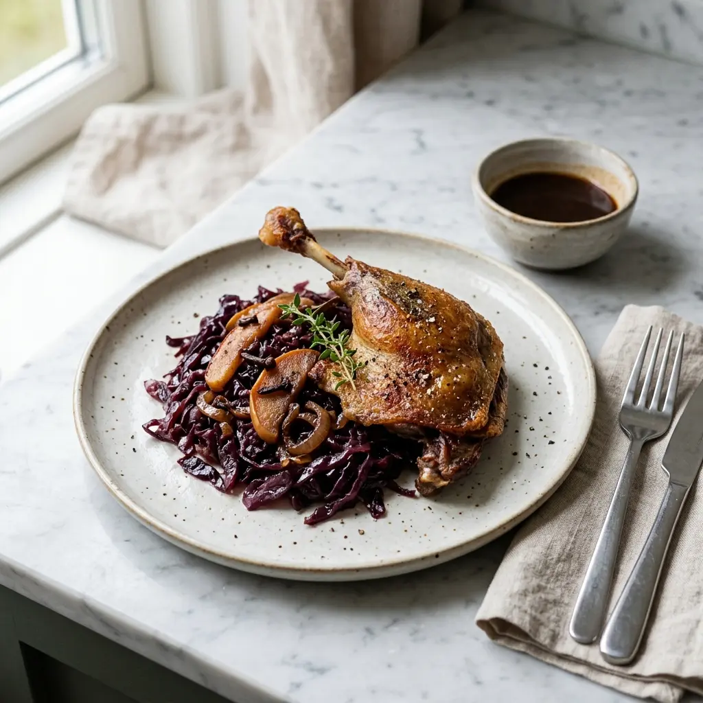 Nylaget andelår med rødkål servert på en appetittlig og hjemmelaget måte
