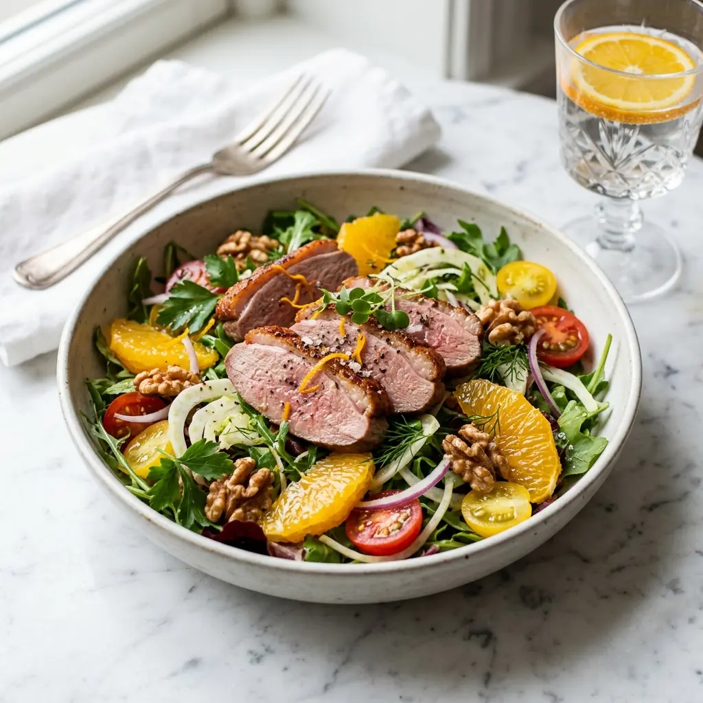 En frisk porsjon andesalat med appelsin med ferske råvarer og fin servering
