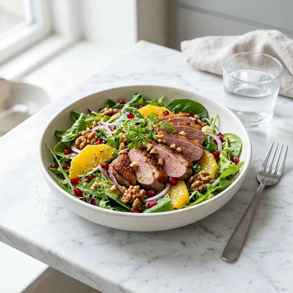 En frisk porsjon andesalat med ferske råvarer og fin servering