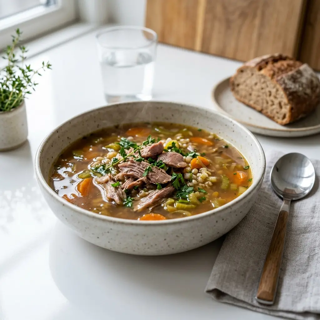 En varm porsjon andesuppe servert på en innbydende måte
