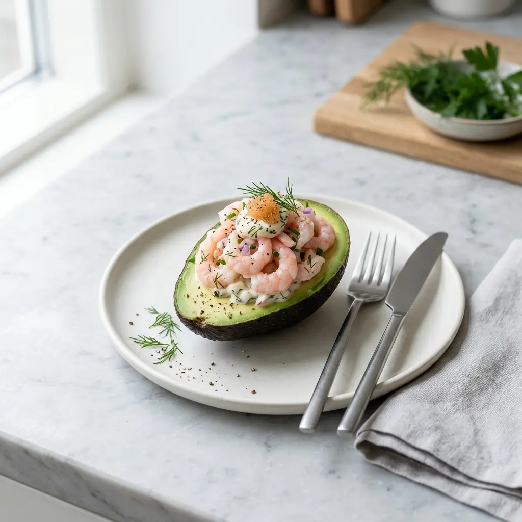 Nylaget avokado med reker servert på en appetittlig og hjemmelaget måte