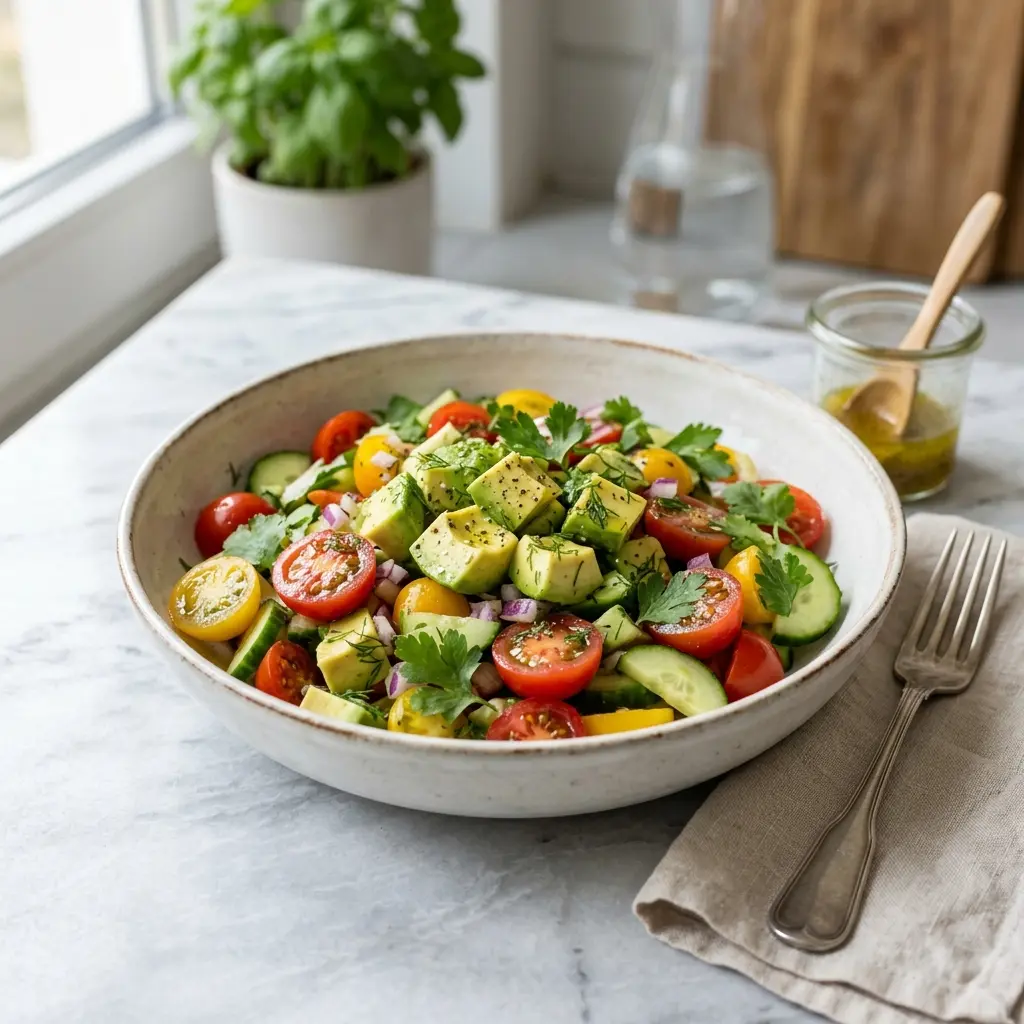 En frisk porsjon avokadosalat med ferske råvarer og fin servering