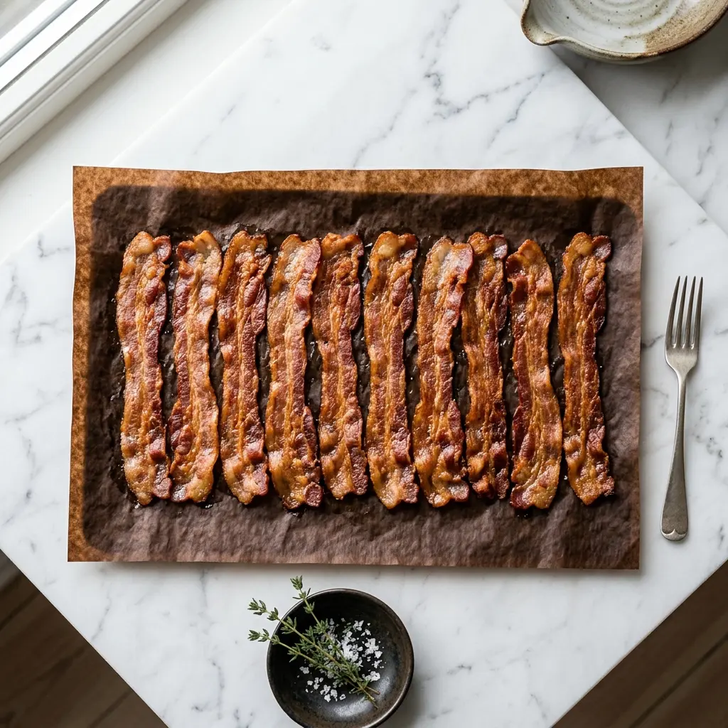Nylaget bacon i ovn servert på en appetittlig og hjemmelaget måte