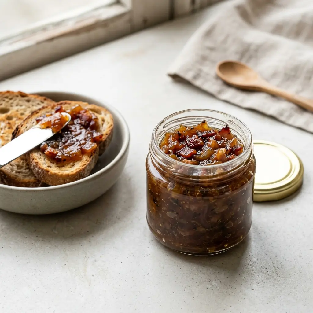 En skål med baconmarmelade klar til servering som smakfullt tilbehør