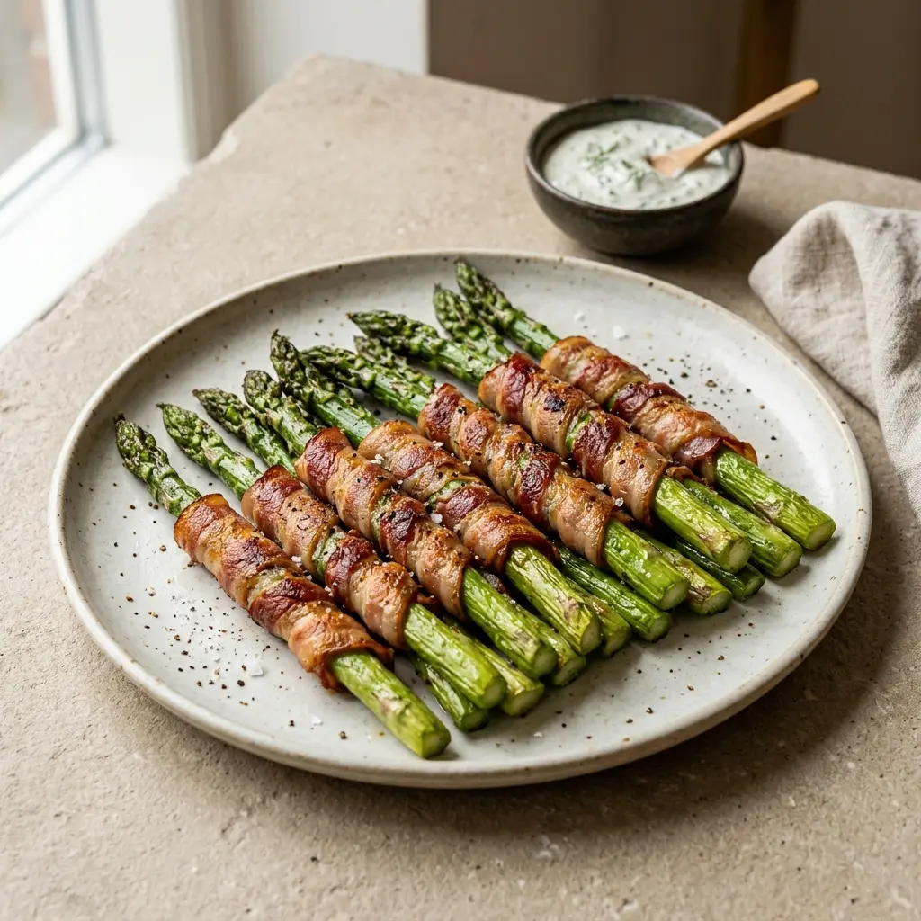 Nylaget baconsurret asparges servert på en appetittlig og hjemmelaget måte