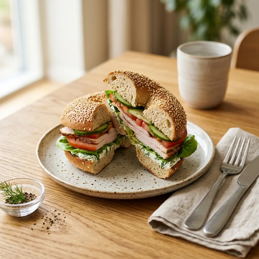 Nylaget bagel med kalkun servert på en appetittlig og hjemmelaget måte