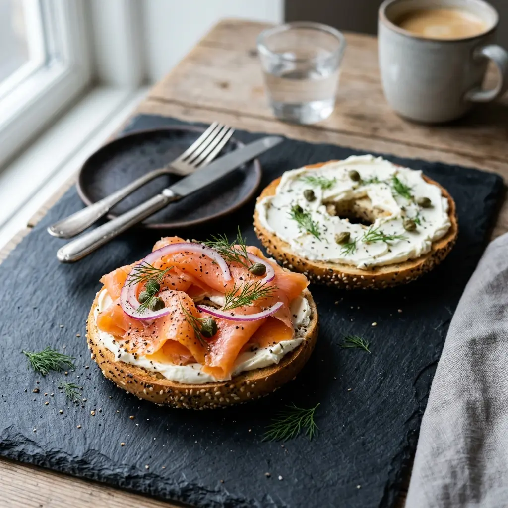 Nylaget bagel med laks og kremost servert på en appetittlig og hjemmelaget måte