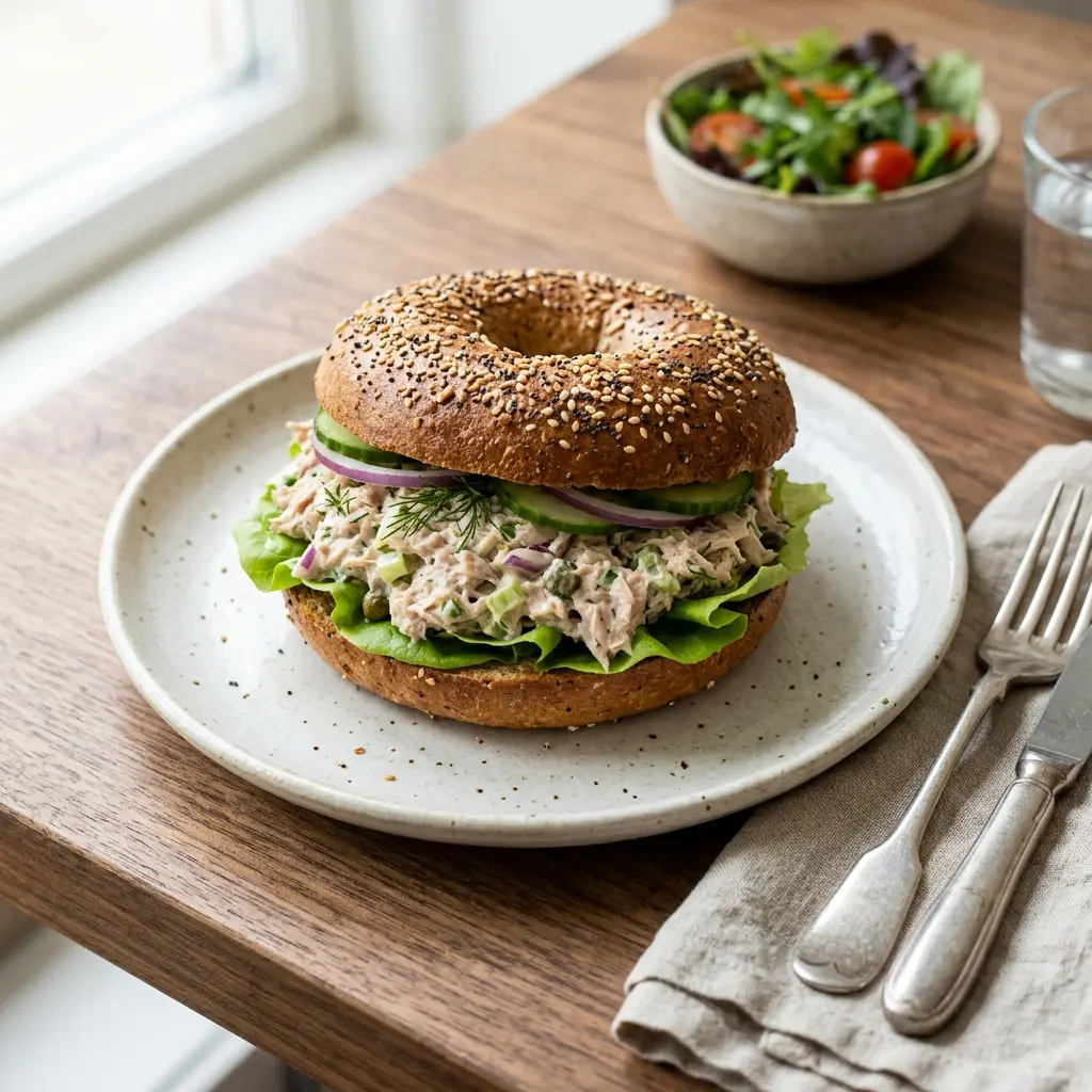 Bagel med tunfisksalat servert som frisk salat