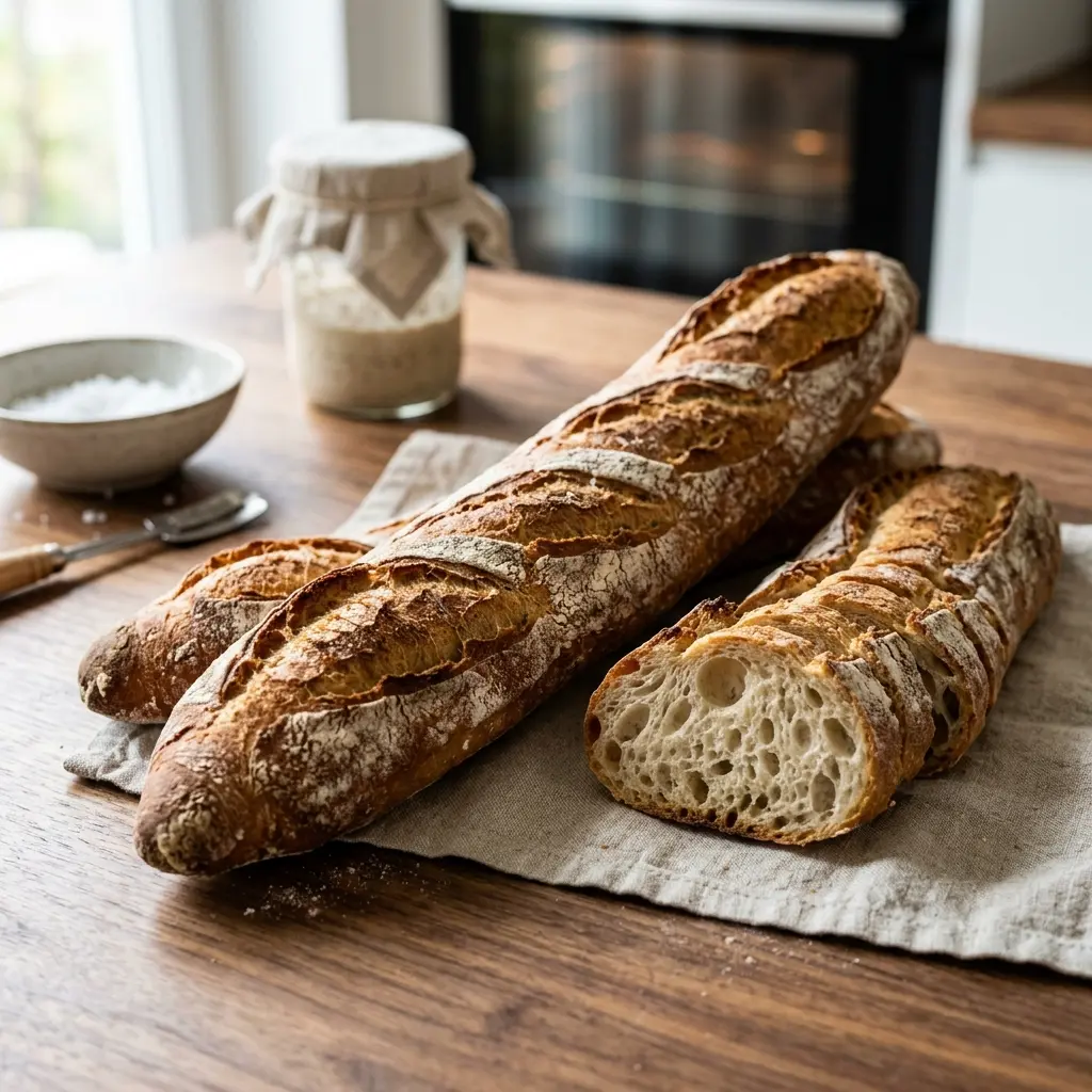 Nybakt baguette servert og klar til å nytes