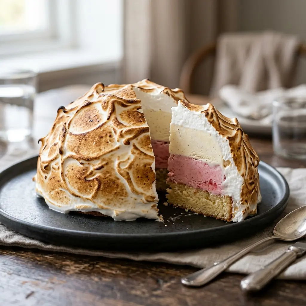 Nylaget baked Alaska servert på en appetittlig og hjemmelaget måte