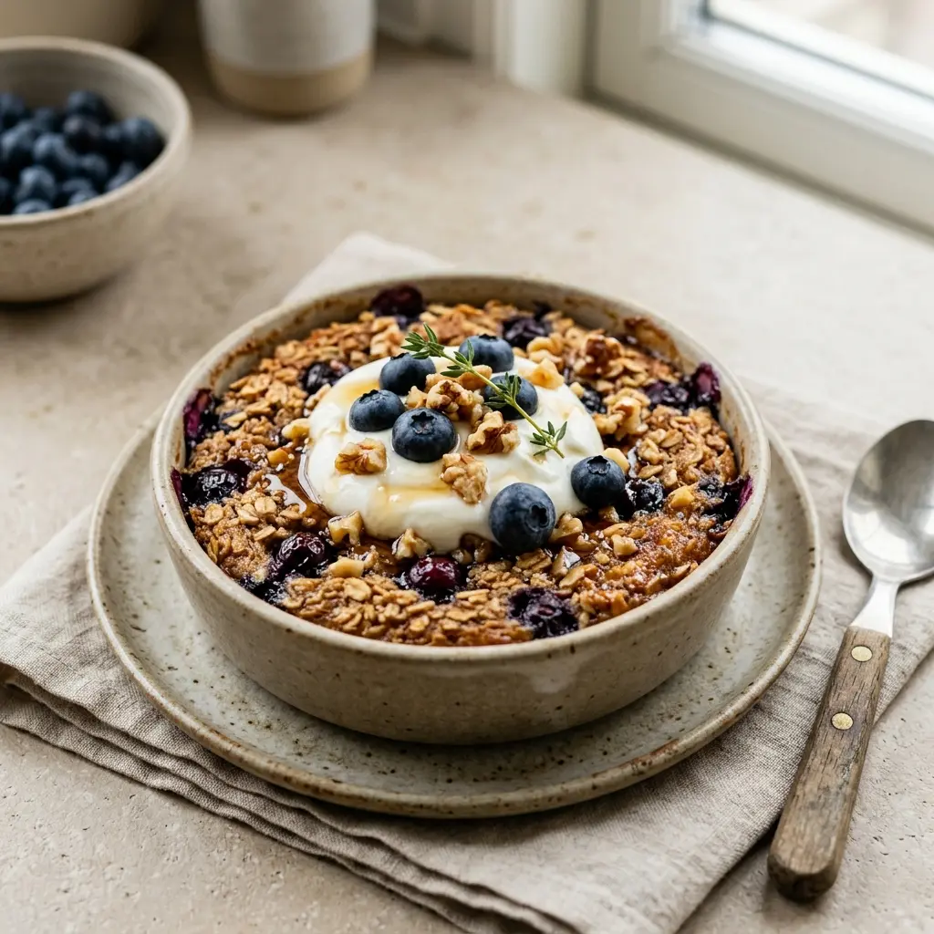 Nylaget baked oats servert på en appetittlig og hjemmelaget måte