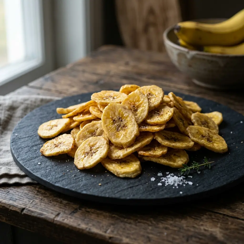 Nylaget bananchips servert på en appetittlig og hjemmelaget måte