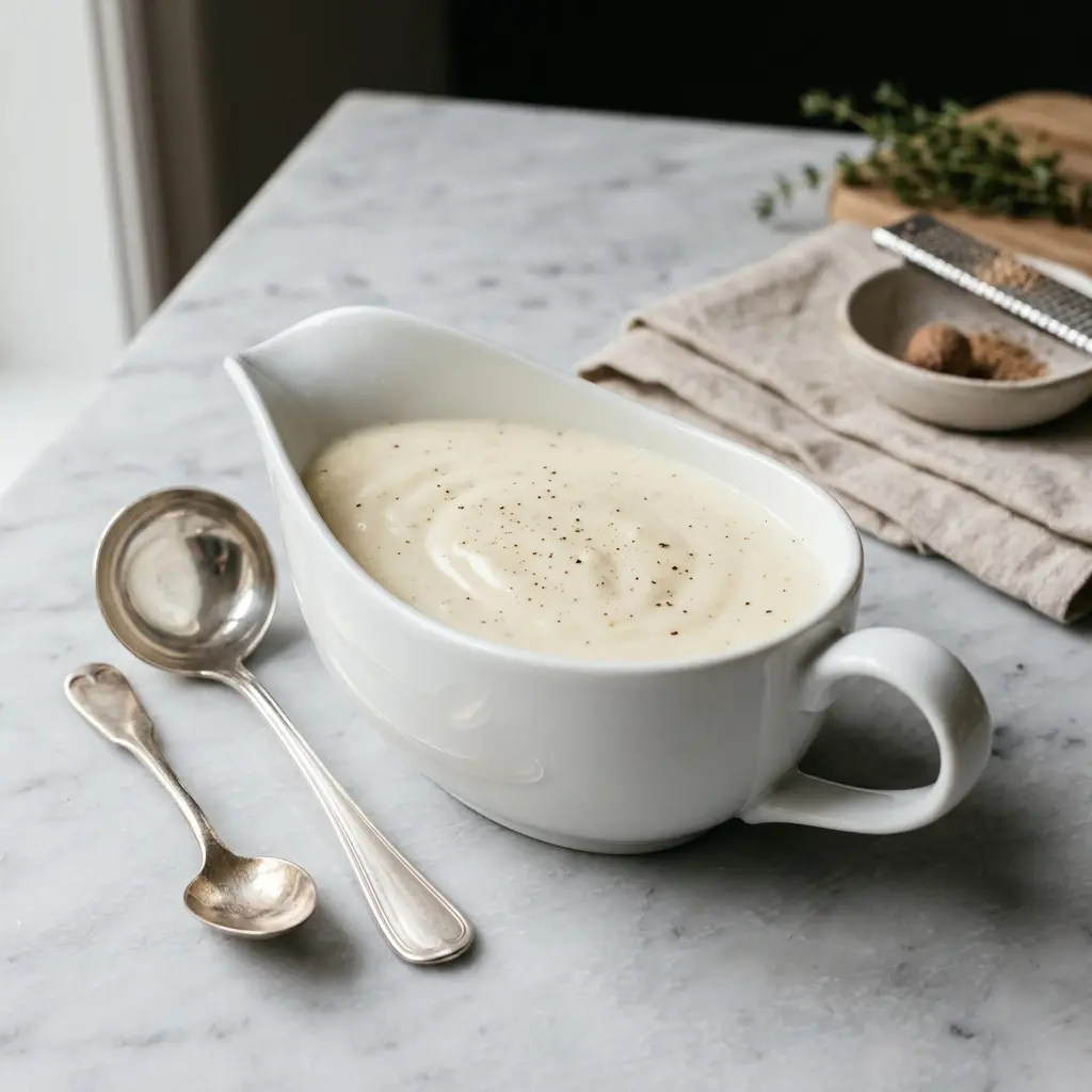 En skål med béchamelsaus klar til servering som smakfullt tilbehør