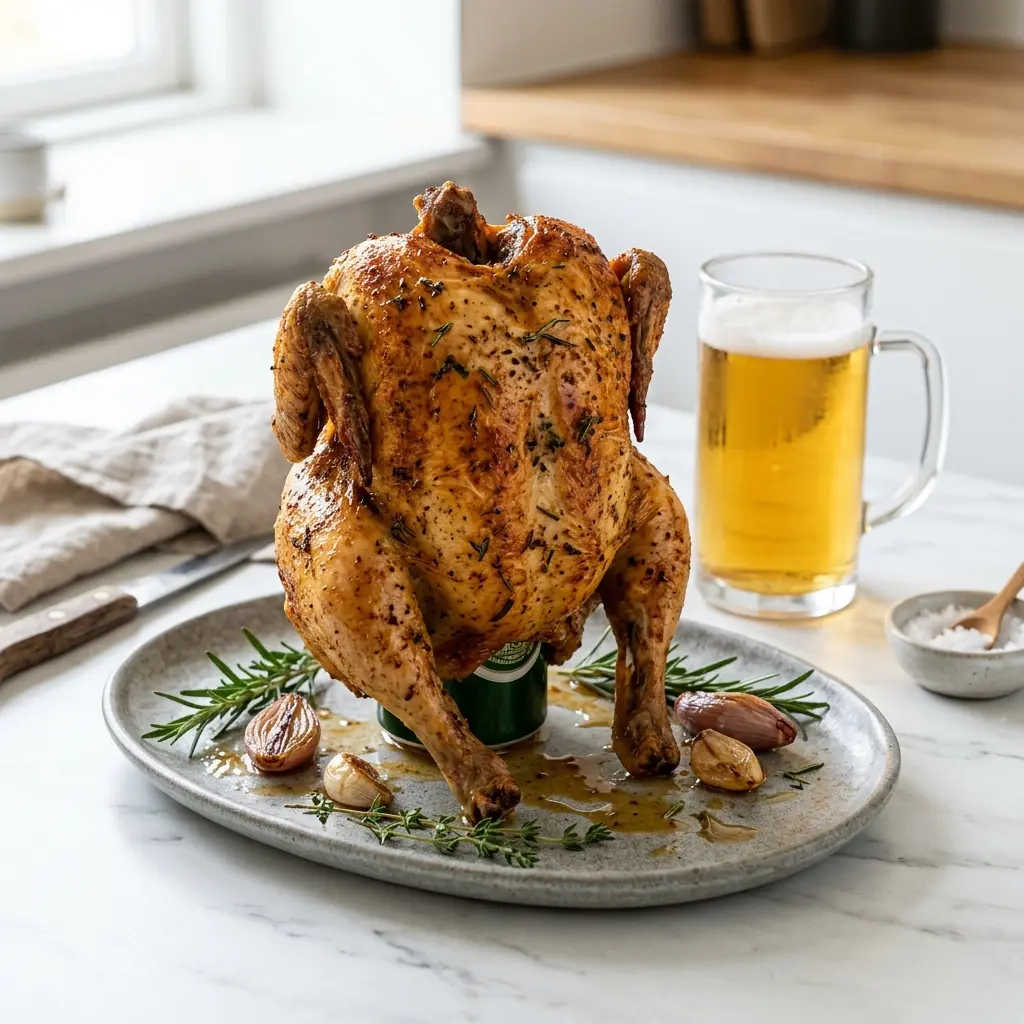 Nylaget beer can chicken servert på en appetittlig og hjemmelaget måte