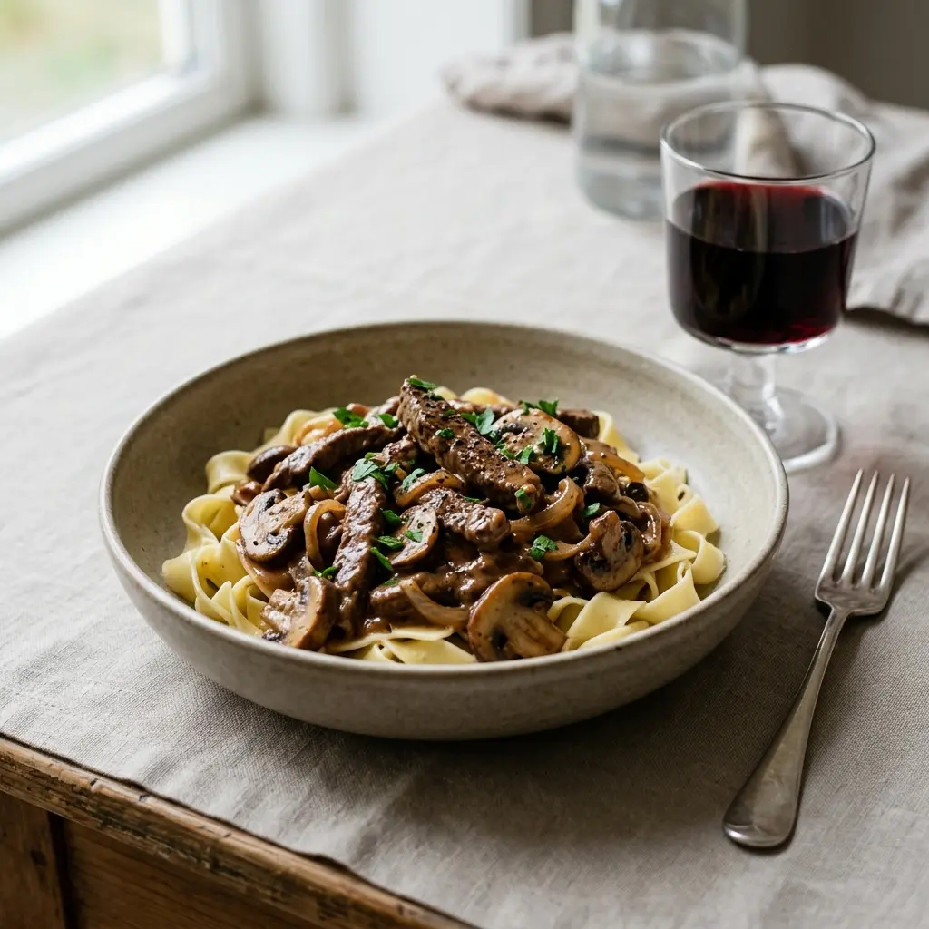Nylaget biff Stroganoff servert på en appetittlig og hjemmelaget måte