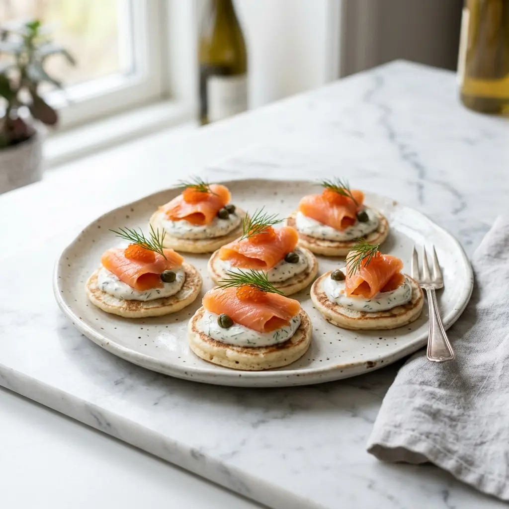 Hjemmelaget blinis med røkt laks servert som en søt og innbydende dessert