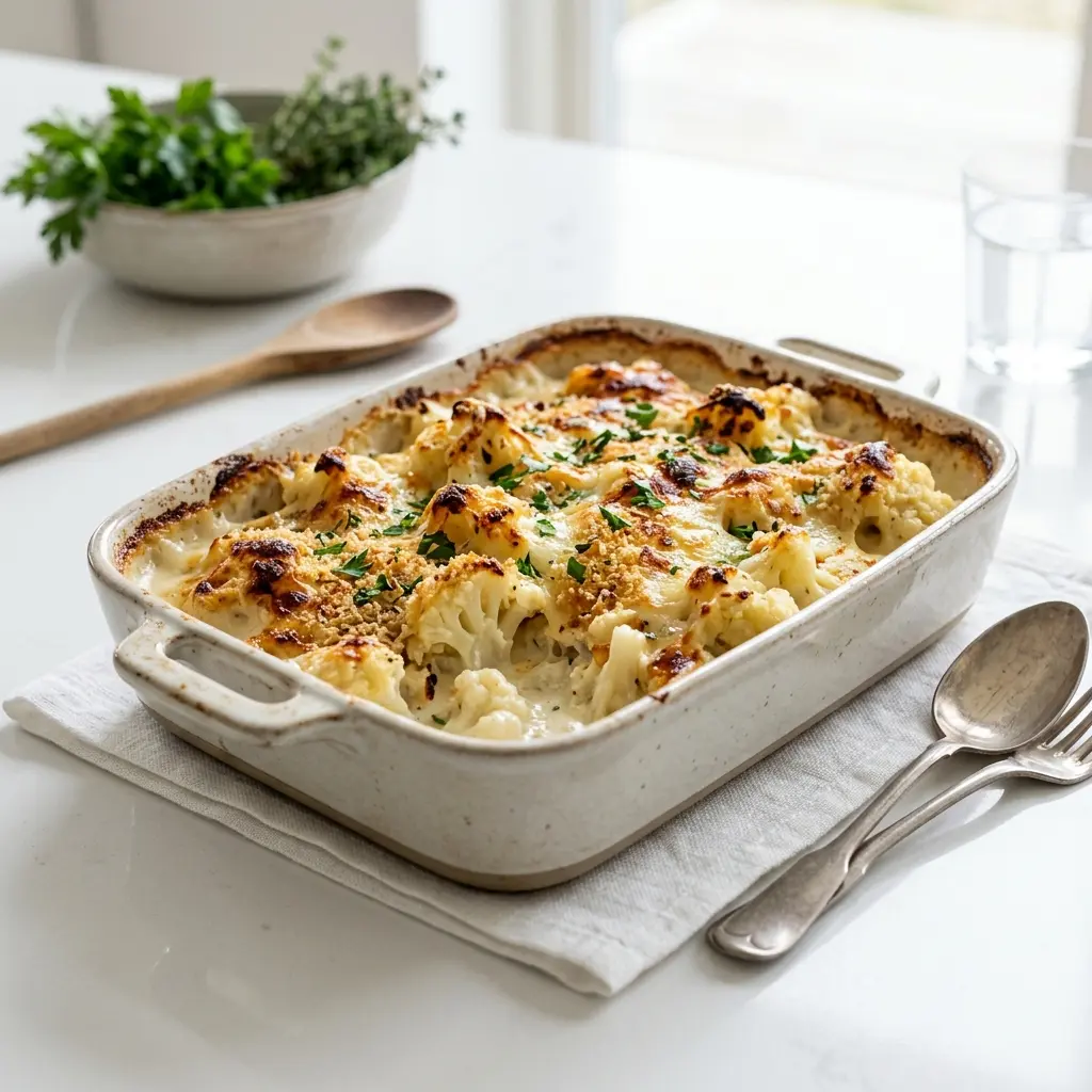 Nylaget blomkålgrateng servert på en appetittlig og hjemmelaget måte
