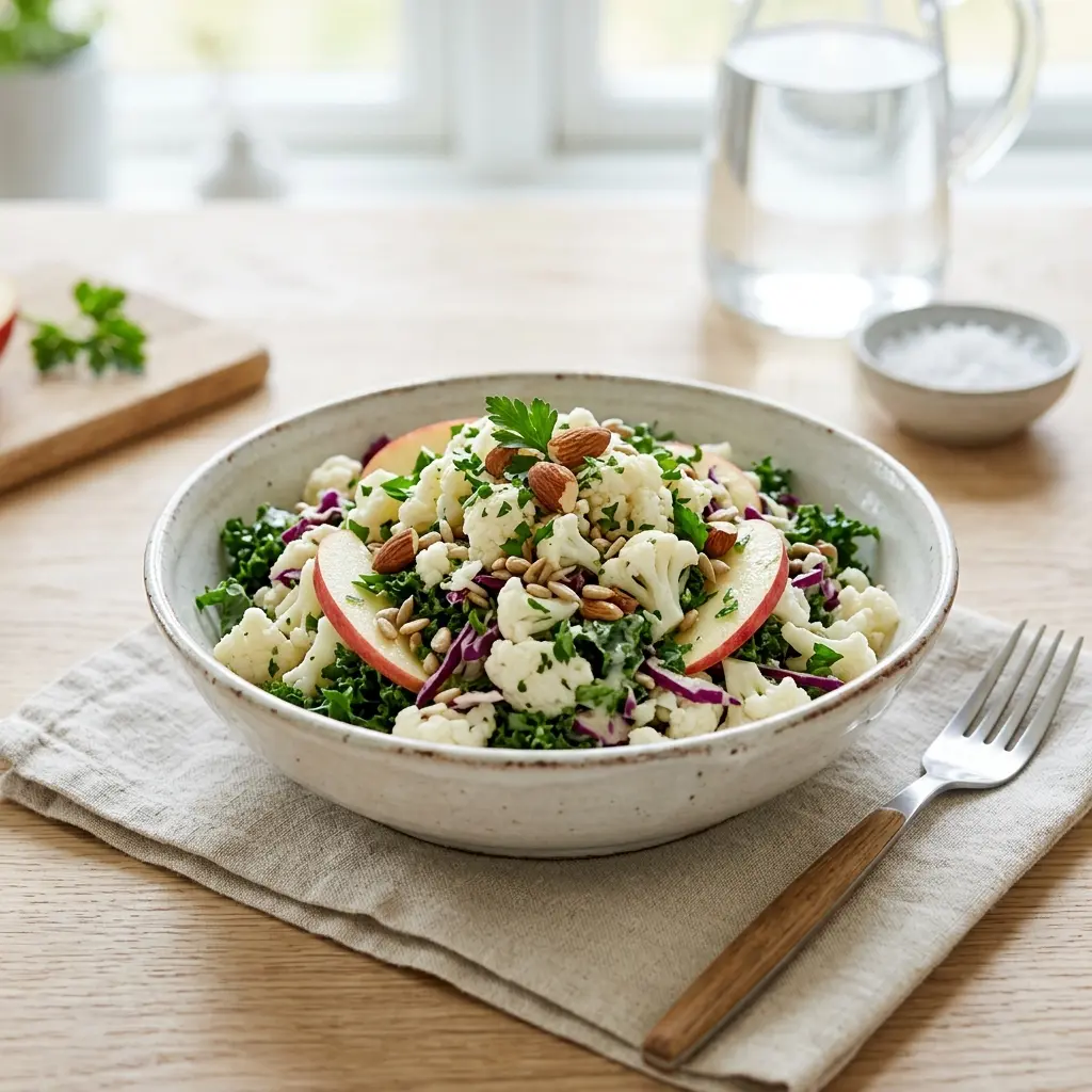 En frisk porsjon blomkålsalat med ferske råvarer og fin servering