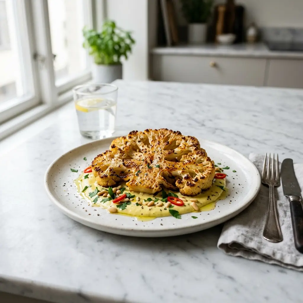 Nylaget blomkålsteak servert på en appetittlig og hjemmelaget måte