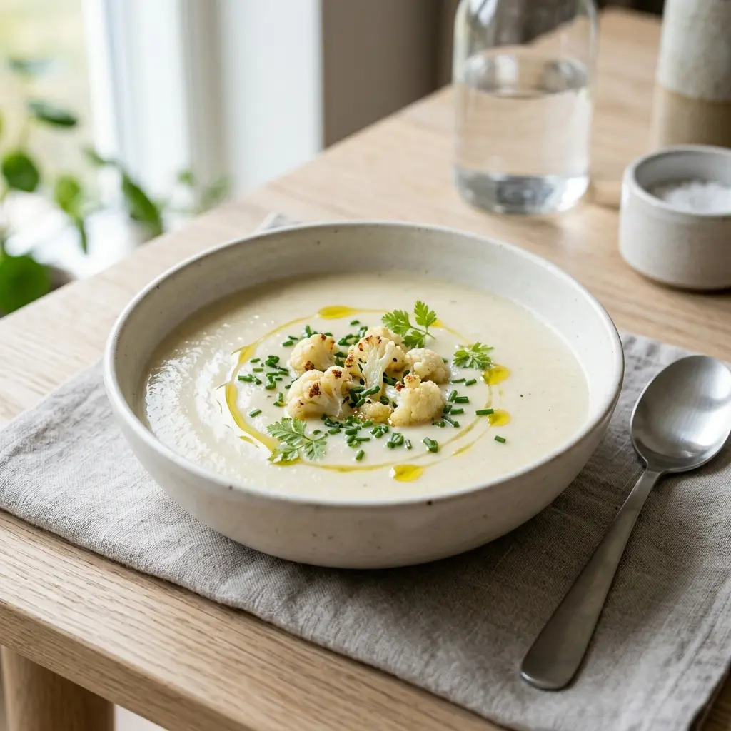En varm porsjon blomkålsuppe servert på en innbydende måte