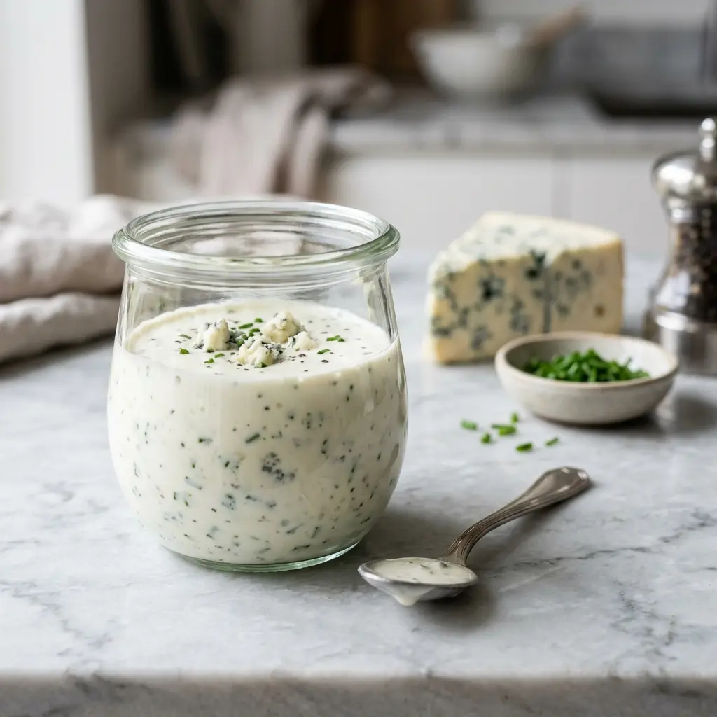 En skål med blue cheese-dressing klar til servering som smakfullt tilbehør