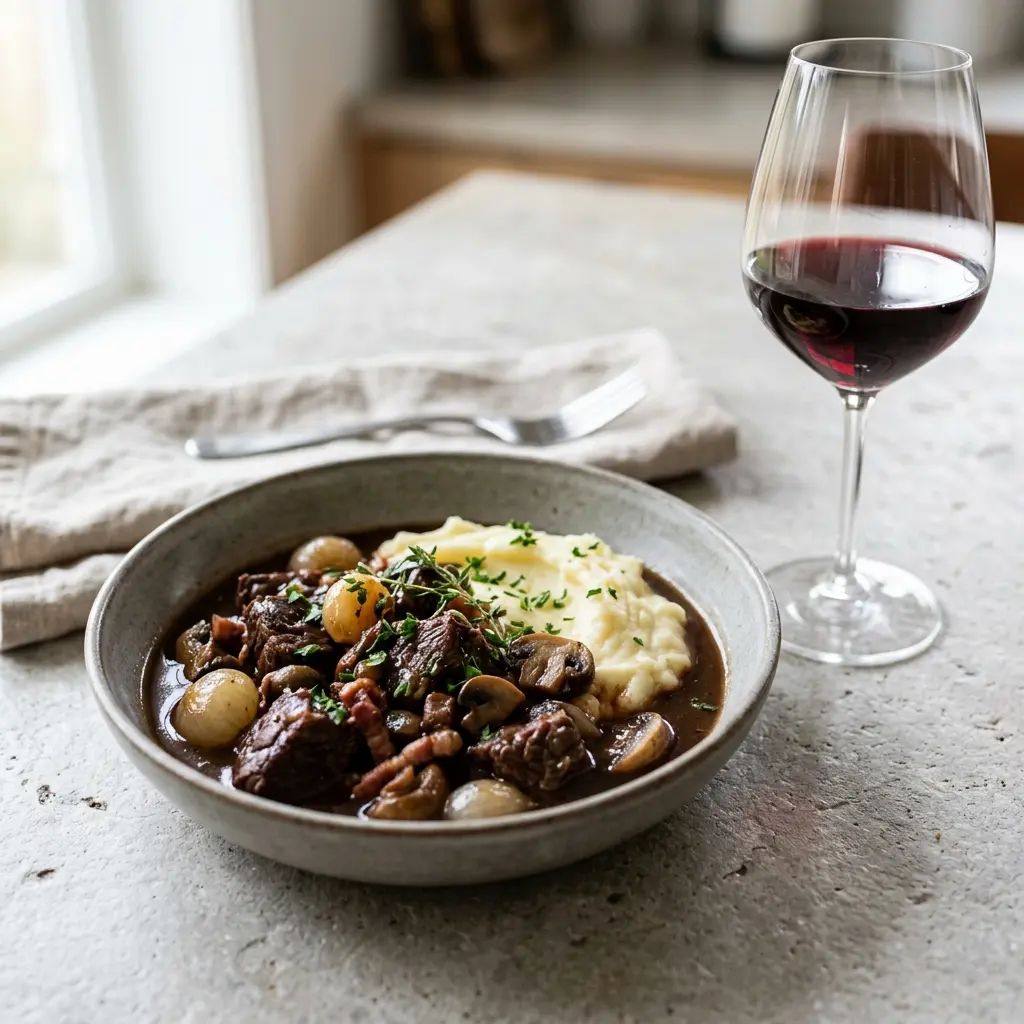 Nylaget boeuf Bourguignon servert på en appetittlig og hjemmelaget måte