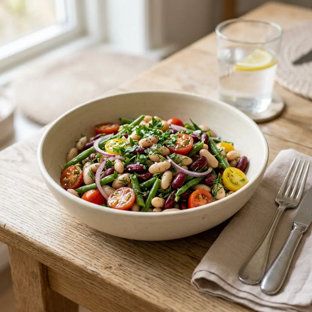 En frisk porsjon bønnesalat med ferske råvarer og fin servering