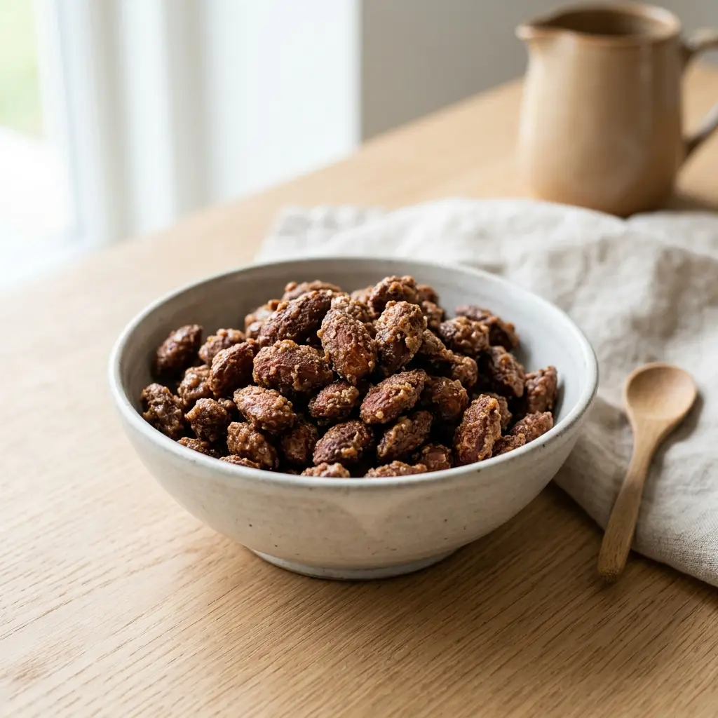Nylaget brente mandler servert på en appetittlig og hjemmelaget måte