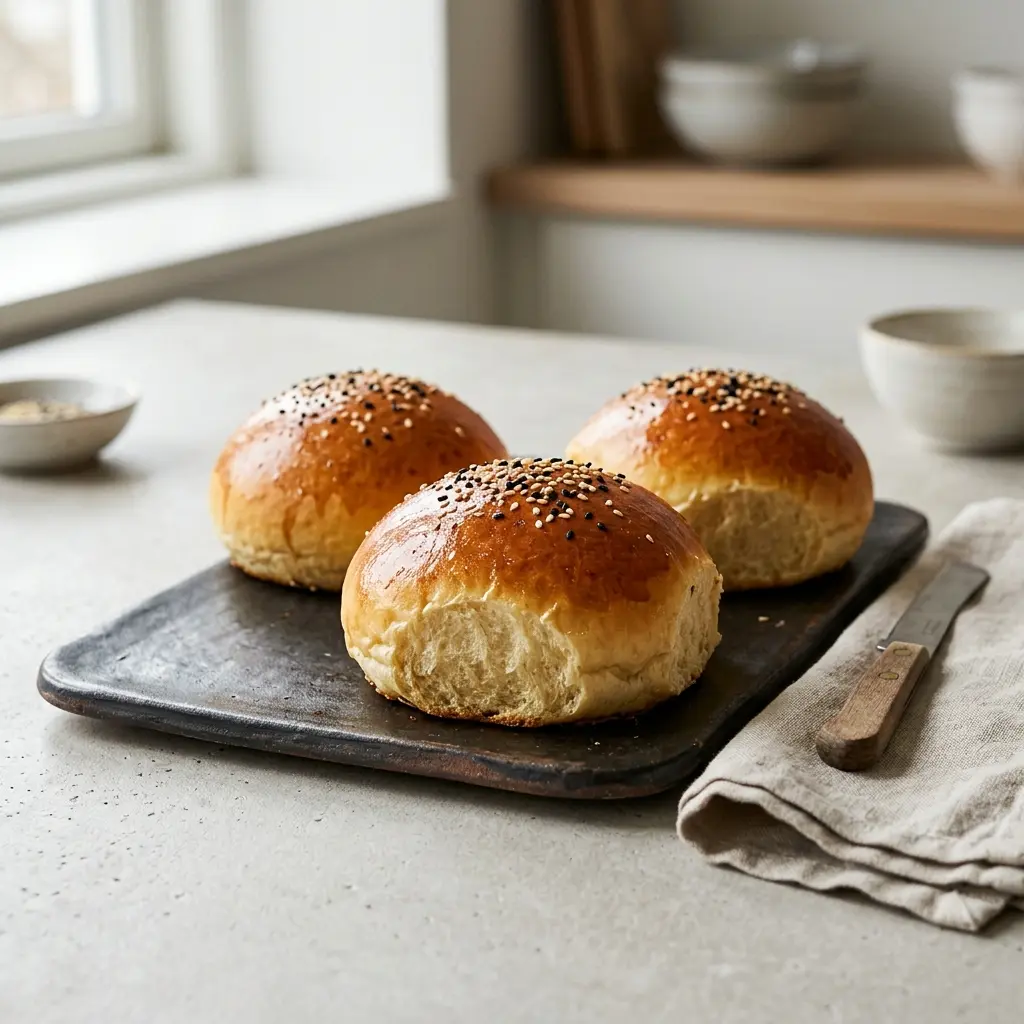Nybakt brioche-burgerbrød servert og klar til å nytes