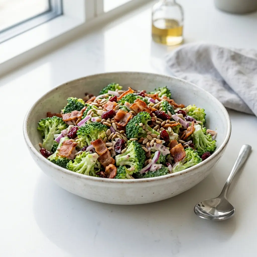 Brokkolisalat med bacon servert som frisk salat