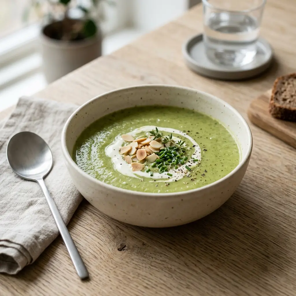En varm porsjon brokkolisuppe servert på en innbydende måte