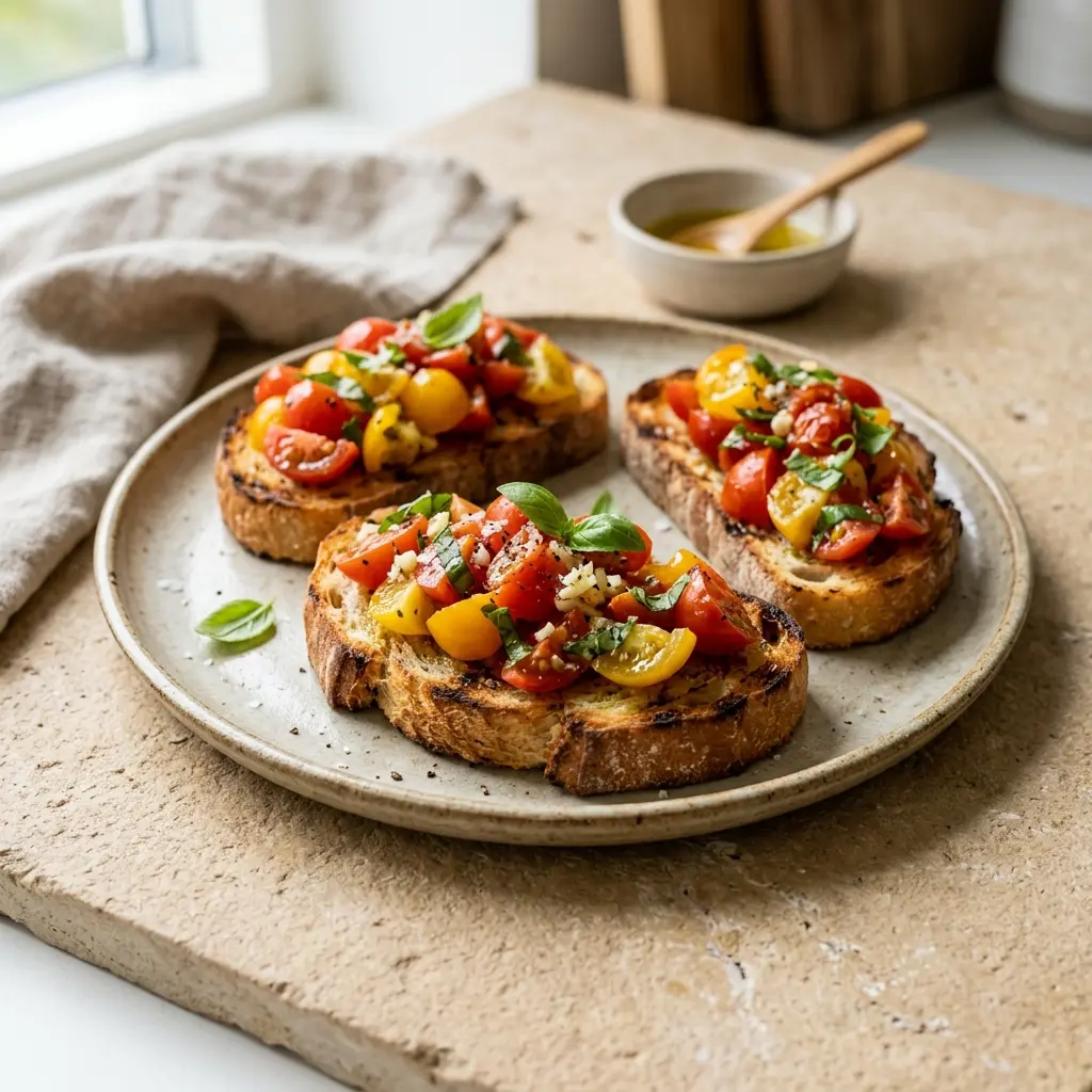 Nylaget bruschetta med tomat servert på en appetittlig og hjemmelaget måte