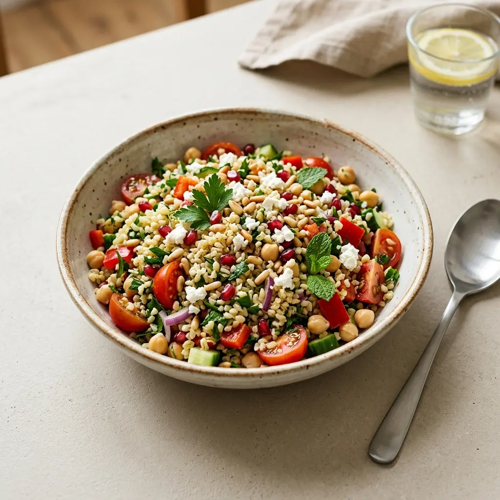 En frisk porsjon bulgursalat med ferske råvarer og fin servering