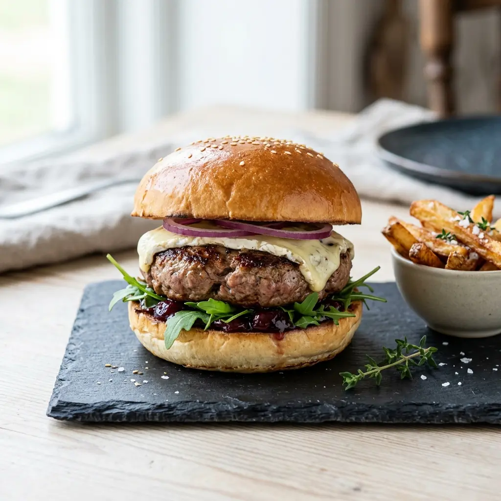 Nylaget burger med and servert på en appetittlig og hjemmelaget måte