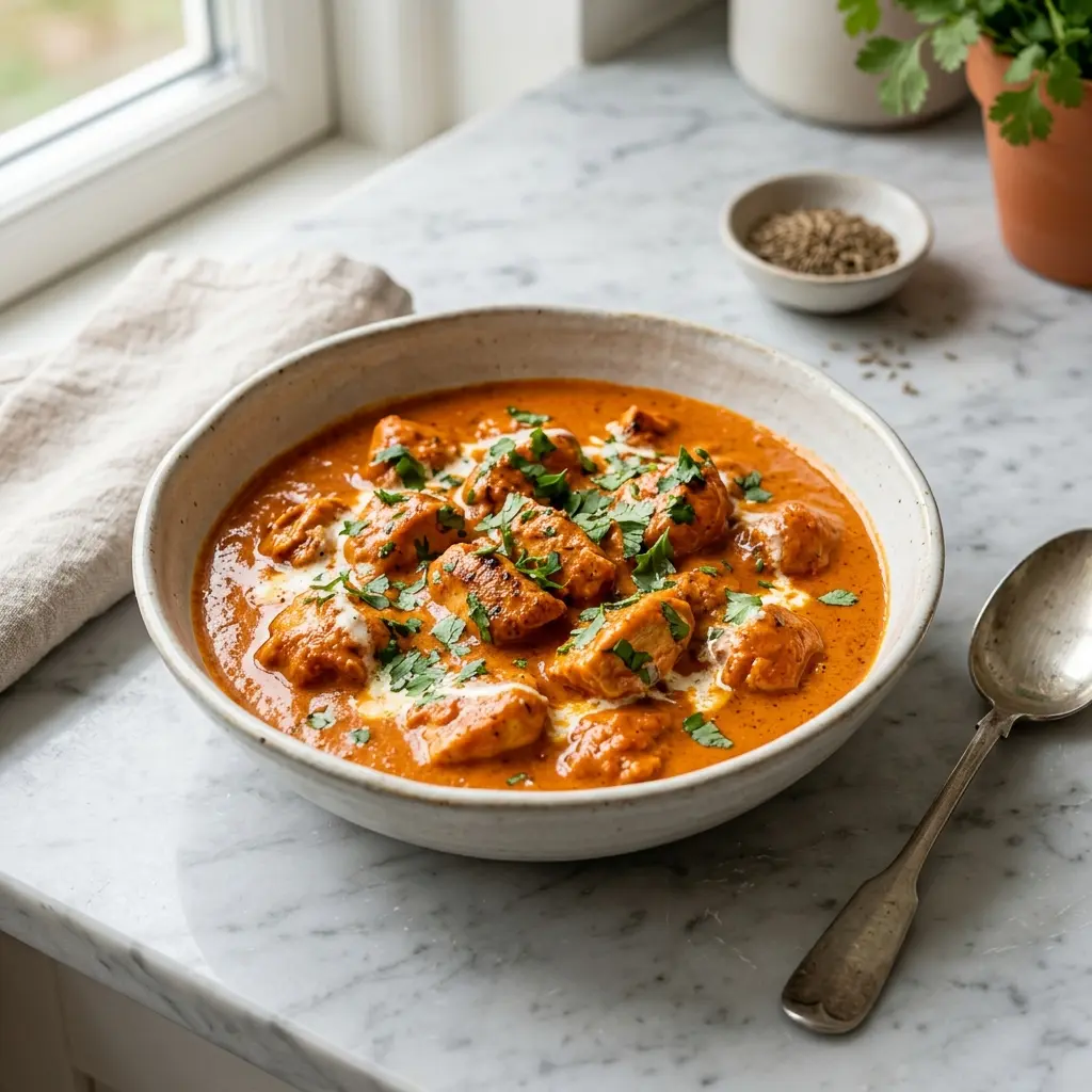 Nylaget butter chicken servert på en appetittlig og hjemmelaget måte