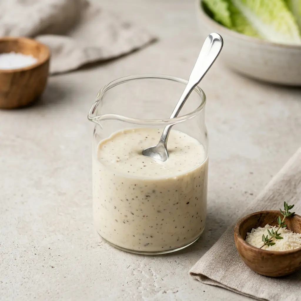 En skål med cæsardressing klar til servering som smakfullt tilbehør