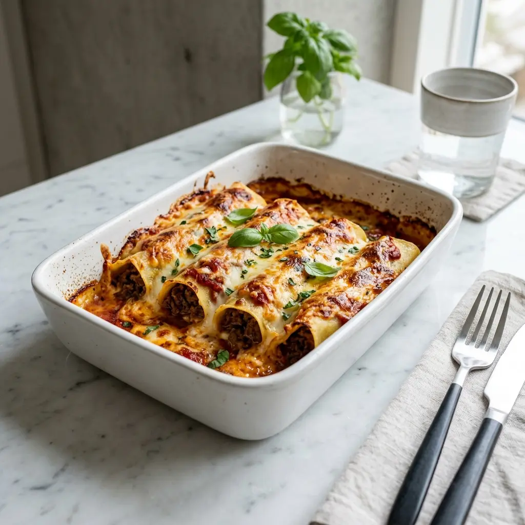 Nylaget cannelloni med storfekjøtt servert på en appetittlig og hjemmelaget måte