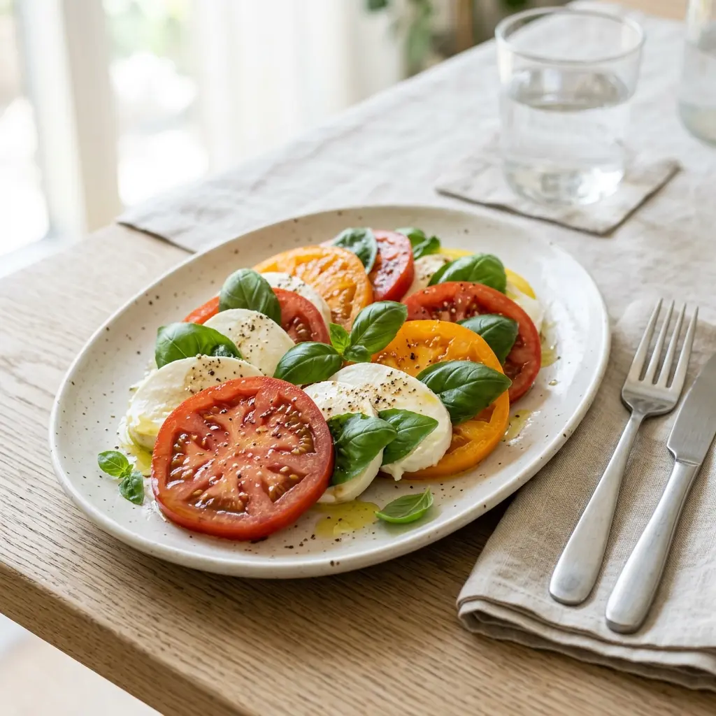 En frisk porsjon caprese-salat med ferske råvarer og fin servering