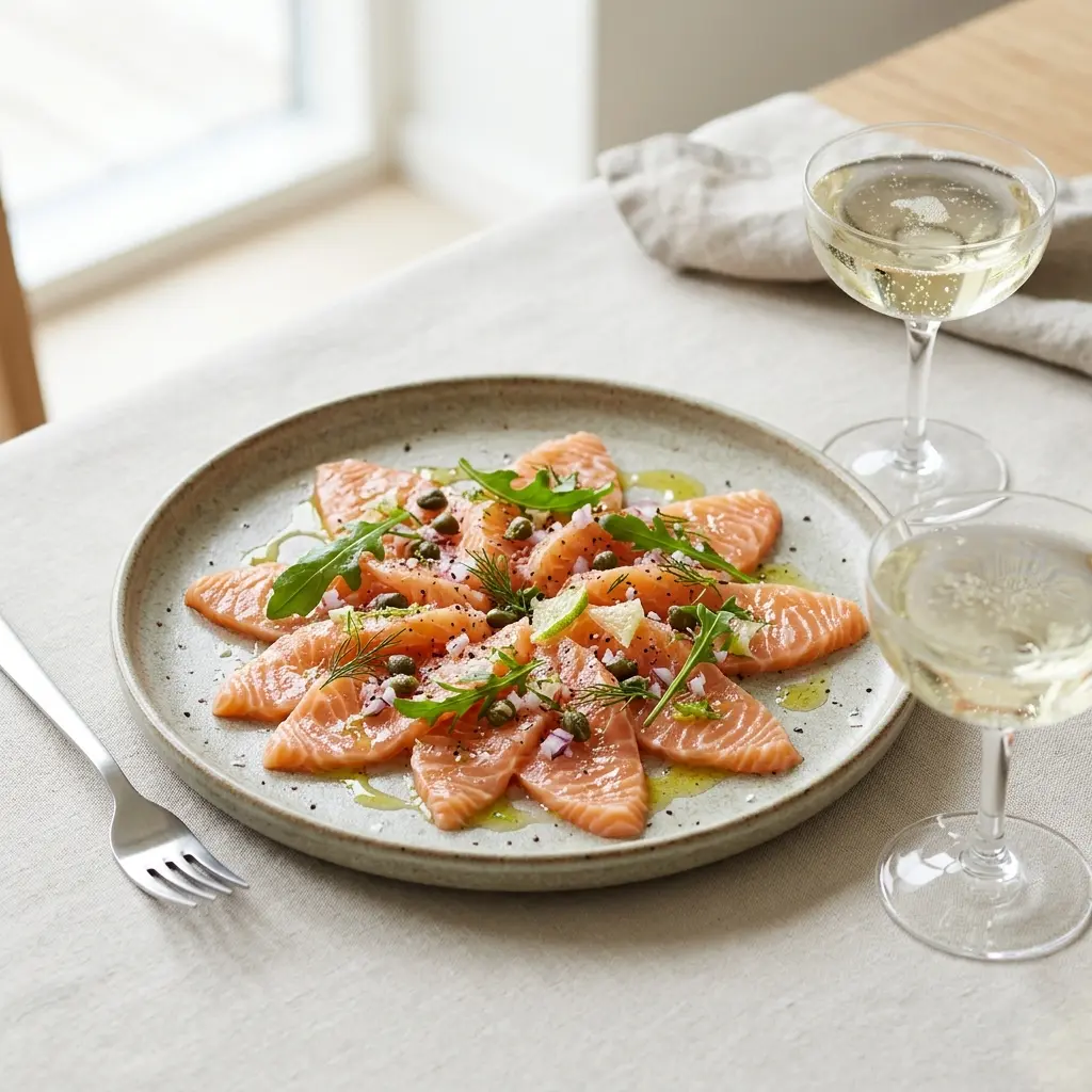 Nylaget carpaccio av laks servert på en appetittlig og hjemmelaget måte